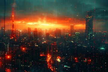 Obraz premium A futuristic cityscape illuminated by abstract light patterns in dark turquoise and dark red, highlighting towering skyscrapers and the interconnectedness of humanity