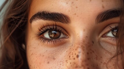 A woman with brown hair and brown eyes. The eyes are open and the eyelashes are long