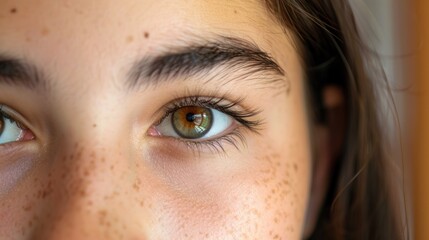 Fototapeta premium A woman with brown hair and brown eyes. The eyes are open and the eyelashes are long