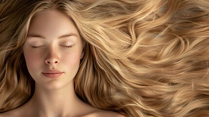 Naklejka premium A woman with long blonde hair is shown with her eyes closed. Concept of relaxation and tranquility, as the woman is in a peaceful state of mind. The long, flowing hair adds to the overall beauty