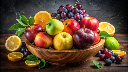 Vibrant arrangement of fresh seasonal fruits, including apples, grapes, and lemons, artfully composed in a rustic wooden bowl on a distressed stone table.