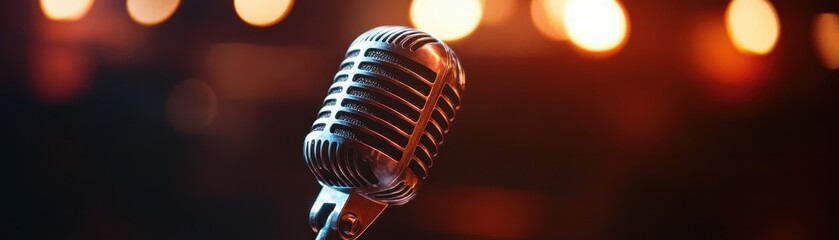 Retro Microphone on Stage with Blurred Warm Lights in Background, Perfect for Music and Performance Themes