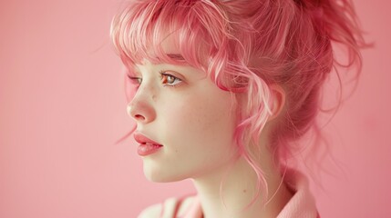 Fototapeta premium A woman with pink hair and a pink background