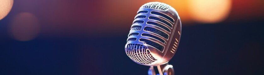 Retro Style Microphone on Stage with Colorful Background Lighting in a Concert Setting