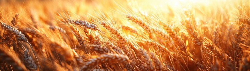 Golden Wheat Field at Sunset with Sunlight Shining Through the Ears of Wheat in a Rural Landscape