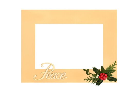 Peace sign with holly and winter greenery christmas background border on white with gold frame. Abstract Peace on Earth theme for New Year and the festive holiday season. - Powered by Adobe