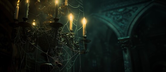 Cobweb-covered chandelier with candles in a dark, eerie room, Halloween atmosphere