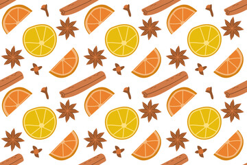 Various spices pattern, cinnamon rolls, anise star , lemon and orange slice and clove seasoning, hand drawn doodle illustration, seamless vector background with cooking ingredients, good as wrapping 