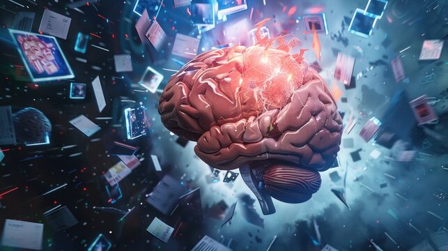 A young human brain is bombarded with overwhelming information, too much media, too much information, maximalism, news, and social