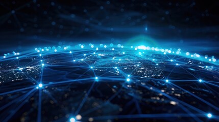 Abstract digital planet Earth with a global network and connectivity concept made of glowing dots, lines, or connections on a black background