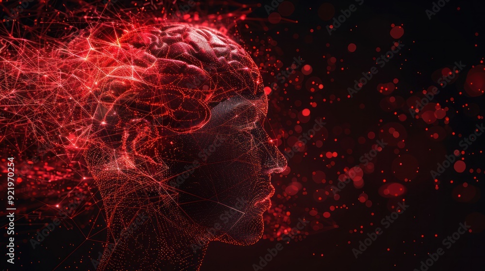 Poster abstract human head with red glowing brain and network dots. neuroscientist, machine learning, deep 