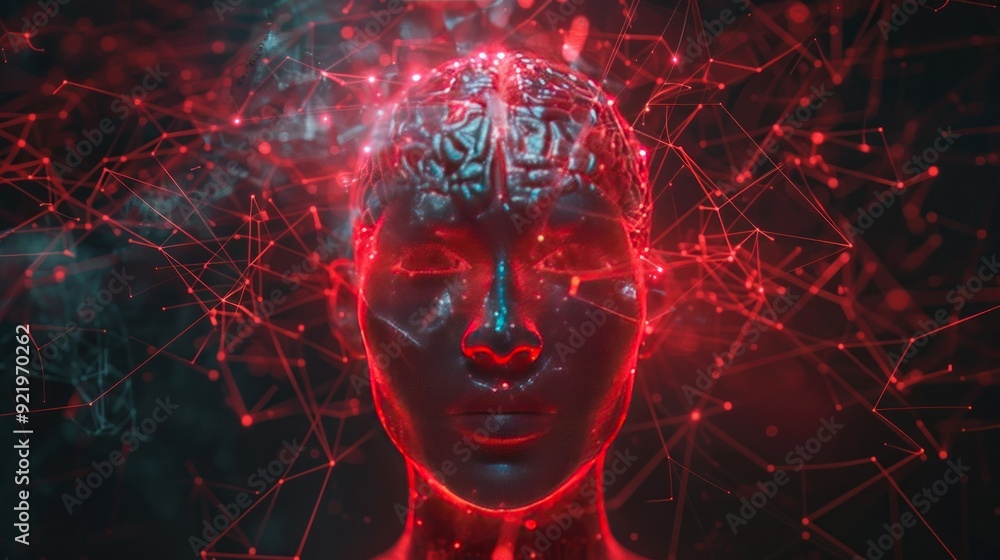 Poster abstract human head with red glowing brain and network dots. neuroscientist, machine learning, deep 