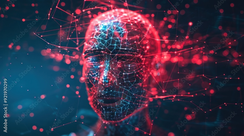 Poster abstract human head with red glowing brain and network dots. neuroscientist, machine learning, deep 