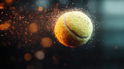 A mesmerizing close-up of a tennis ball in motion, surrounded by vibrant dynamic energy particles...