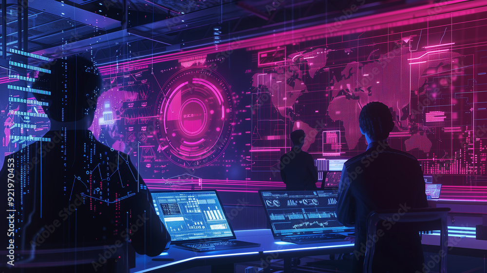 Poster a simulated data breach scenario with visual elements like breach notifications, compromised data al