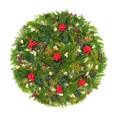 Winter solstice holly, mistletoe, ivy, cedar fir leaf sprigs, natural Christmas circle decoration...