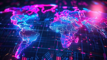 Fototapeta premium Abstract neon map of continents, high-tech world of the future in close up shot.