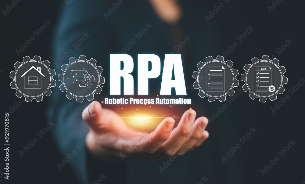 Poster Robotic process automation RPA, Artificial intelligence , Big data and business concept on virtual screen.