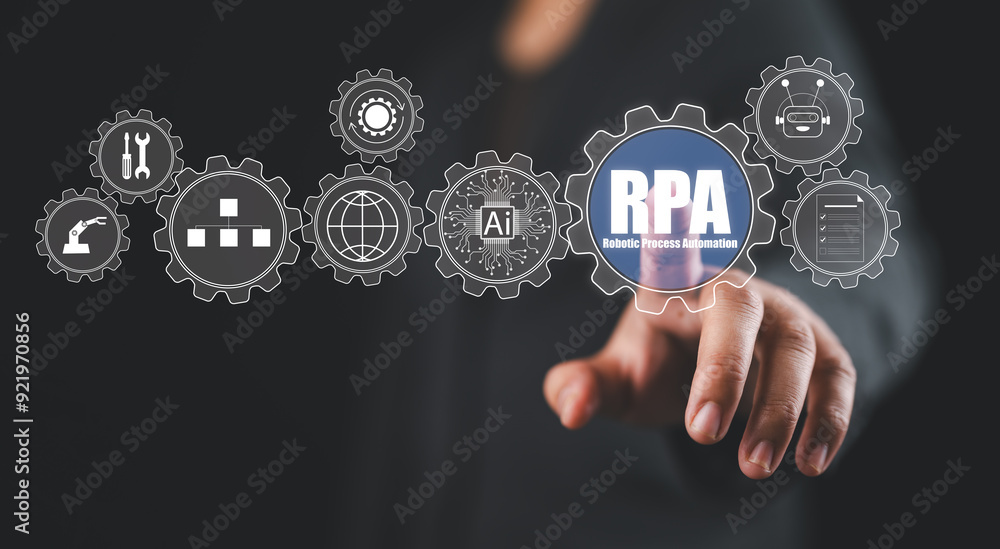Poster RPA, Robotic Process Automation System Concept. Businessman interacts with RPA icons, representing robotic process automation and modern technology integration in business. optimisation innovation