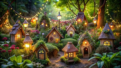 Fototapeta premium Collection of small fairy houses nestled among lush gardens and twinkling lights, fairy, whimsical, fantasy, enchanted, magical