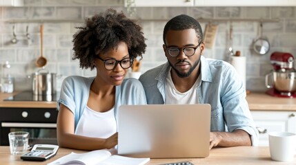 African American Couple Using Laptop in Kitchen