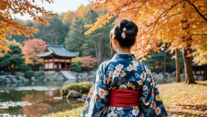 Back shot of Japanese female in kimono with traditional temple and autumn landscape background