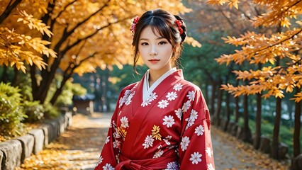 Fototapeta premium Portrait of Japanese woman in kimono. Autumn trees background