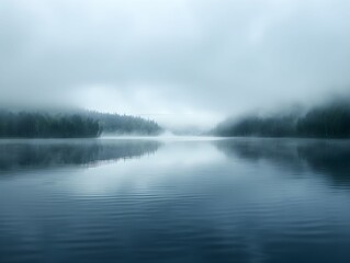 Obraz premium Misty morning over a calm lake surrounded by dense forests in the early hours