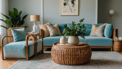 Default Chic boho living room with a velvet blue sofa. AI generated