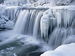 Icy waterfall cascading amidst winter scenery in a snowy landscape