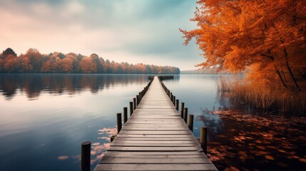 Old wooden pier at foggy sunset and blue water. Long exposure, linear perspective. Neural network ai generated art