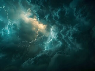 Thunderstorm lighting up the night sky over a dark landscape with dramatic clouds and bright flashes