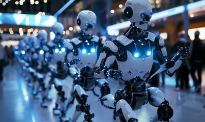 Advanced AI robots performing synchronized movements in a tech expo