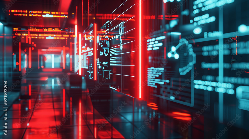 Poster a simulated data breach scenario with visual elements like breach notifications, compromised data al