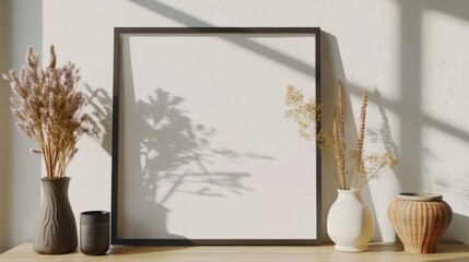 Blank horizontal poster frame mock up on the table with modern ceramic vases and dried flower. Neutral concept of home decor. Scandinavian style.
