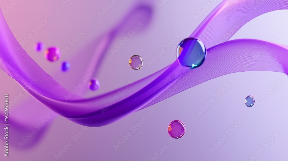 Poster purple ribbons with droplets floating in a soft gradient background during a tranquil morning light