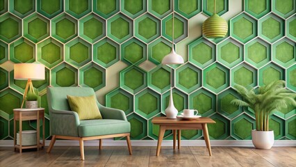Vibrant green geometric patterned wallpaper with interconnected hexagons and subtle texture, creating a fresh and calming atmosphere in a modern interior design setting.