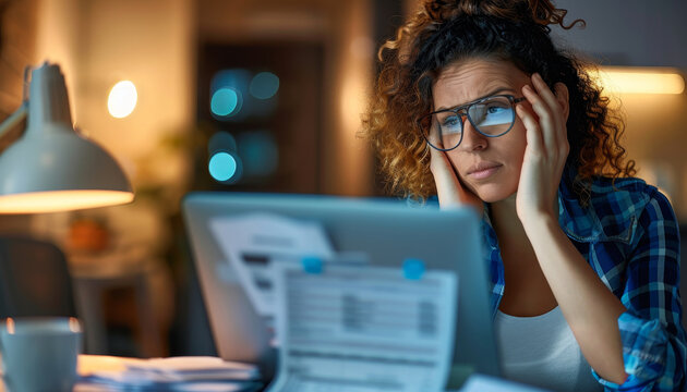 Tired Woman Working Late At Night on Laptop