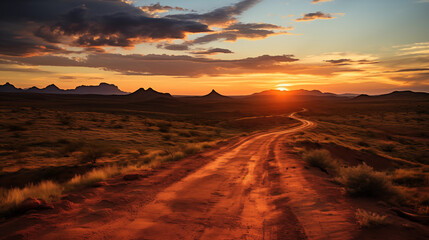 A road against a sunset backdrop with a barren landscape