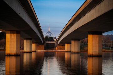 The beautiful sunset reflecting on lake burley griffin, Canberra, in the evening