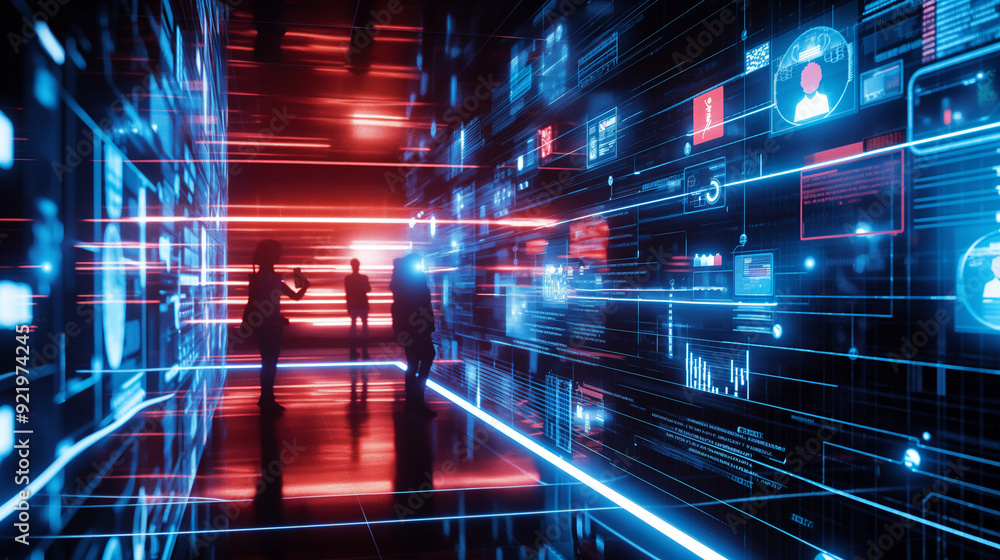 Poster a simulated data breach scenario with visual elements like breach notifications, compromised data al