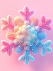 Fototapeta premium Stylized fluffy 3D snowflake with pastel pink and blue gradient colors floats against a soft pink background.