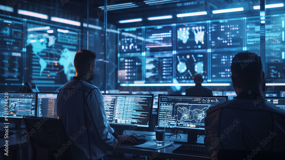 Poster a simulated data breach scenario with visual elements like breach notifications, compromised data al