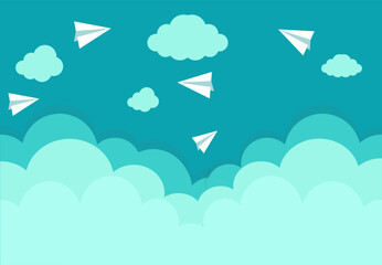 Flying paper airplane cloudscape with blue sky fluffy clouds cartoon background.