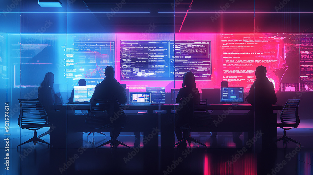 Poster a simulated data breach scenario with visual elements like breach notifications, compromised data al