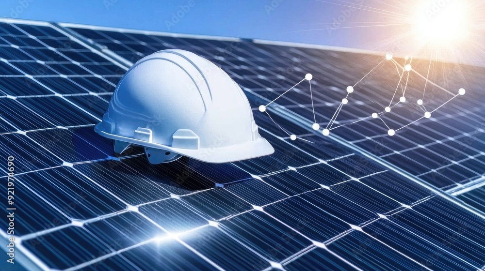 Poster engineer surveys solar panel installation plans on a sunny rooftop while analyzing data points for p