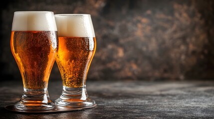 Freshly Poured Craft Beer in Glasses on Rustic Wooden Table with Ample Copy Space