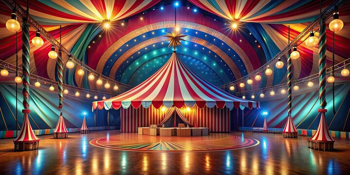 Colorful circus tent interior with hanging lights, circus props and decorations, circus, tent, colorful
