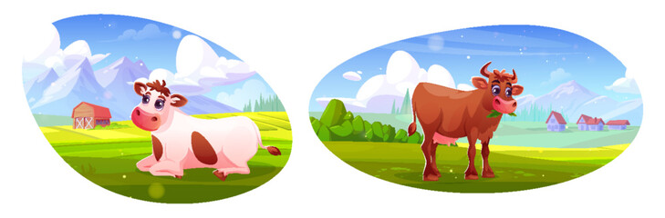 Cute cow on pasture near rocky mountains and farm barn and houses. Cartoon vector illustration set of funny cattle on lawn with green grass on spring or summer sunny day. Dairy animal on meadow.