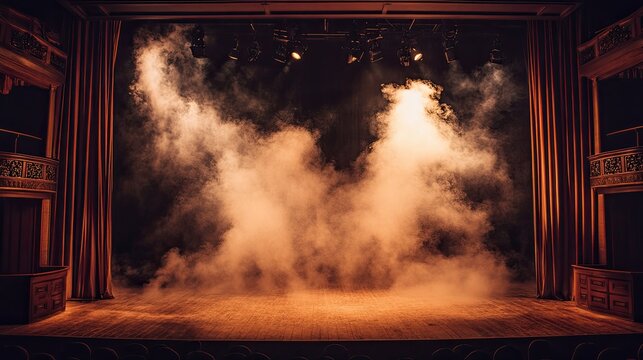 A theater stage with a fog machine creating a mysterious atmosphere for a suspenseful play.